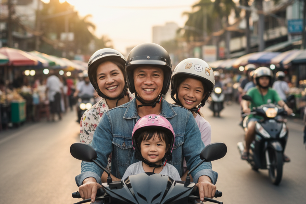 Family on motorcycle with helmets